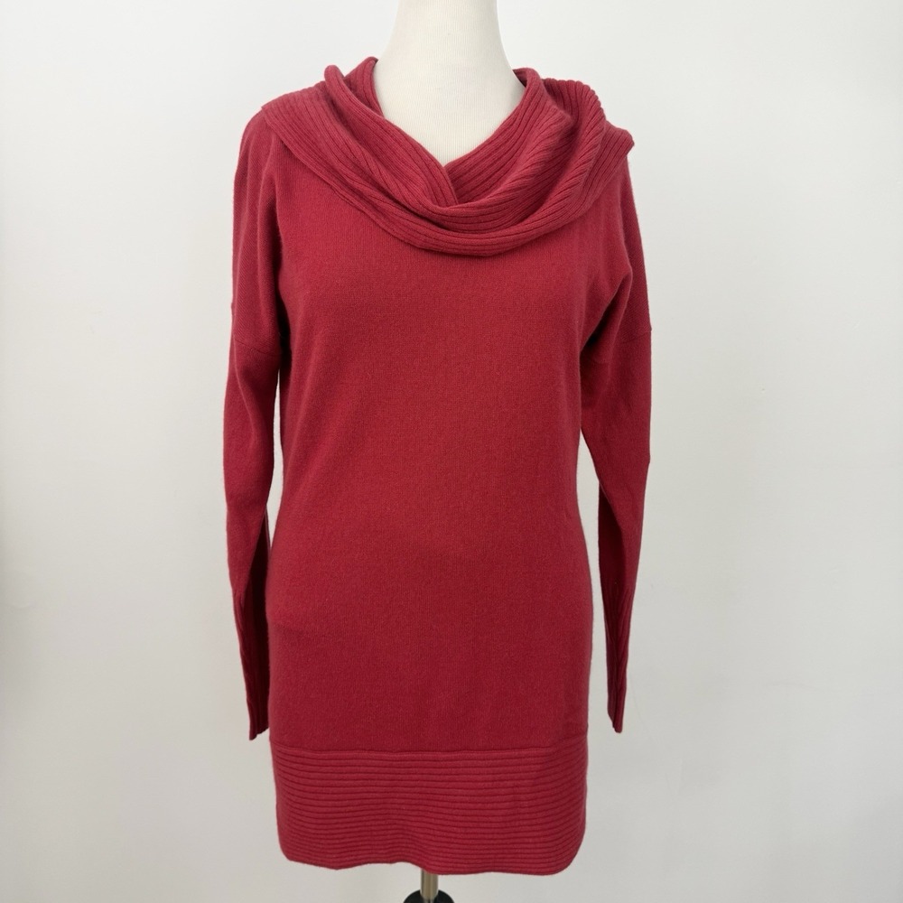ATHLETA Red 100% Cashmere Cowl Neck SWEATER Large Long Tunic Ribbed Valentines